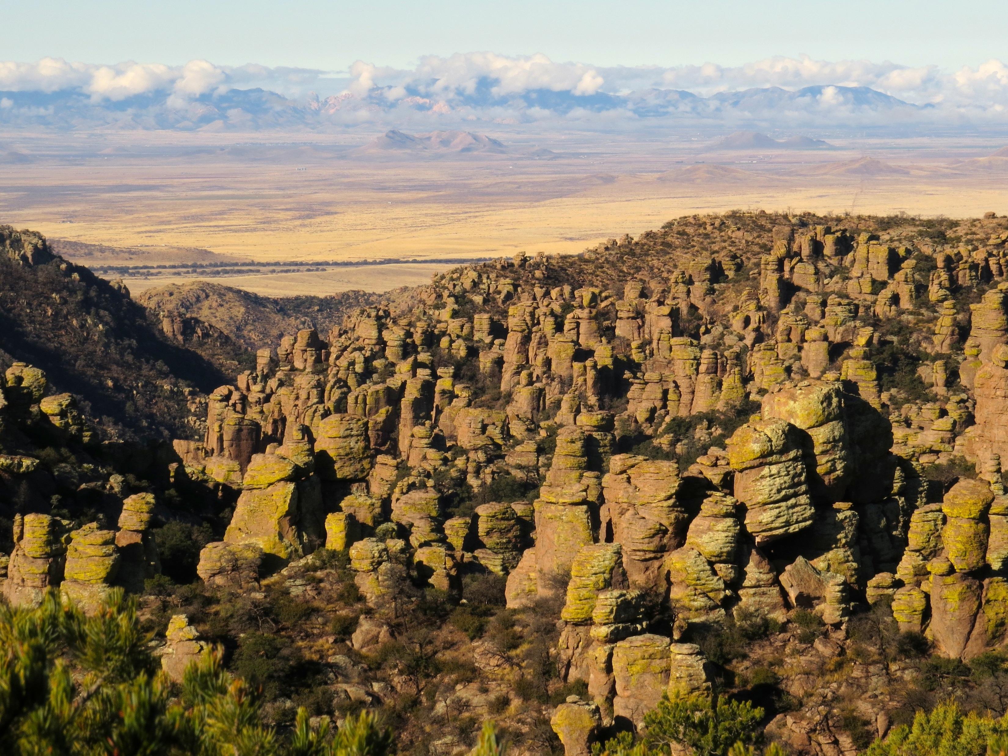 Many rock pinnacles with a valley and mountain range in background