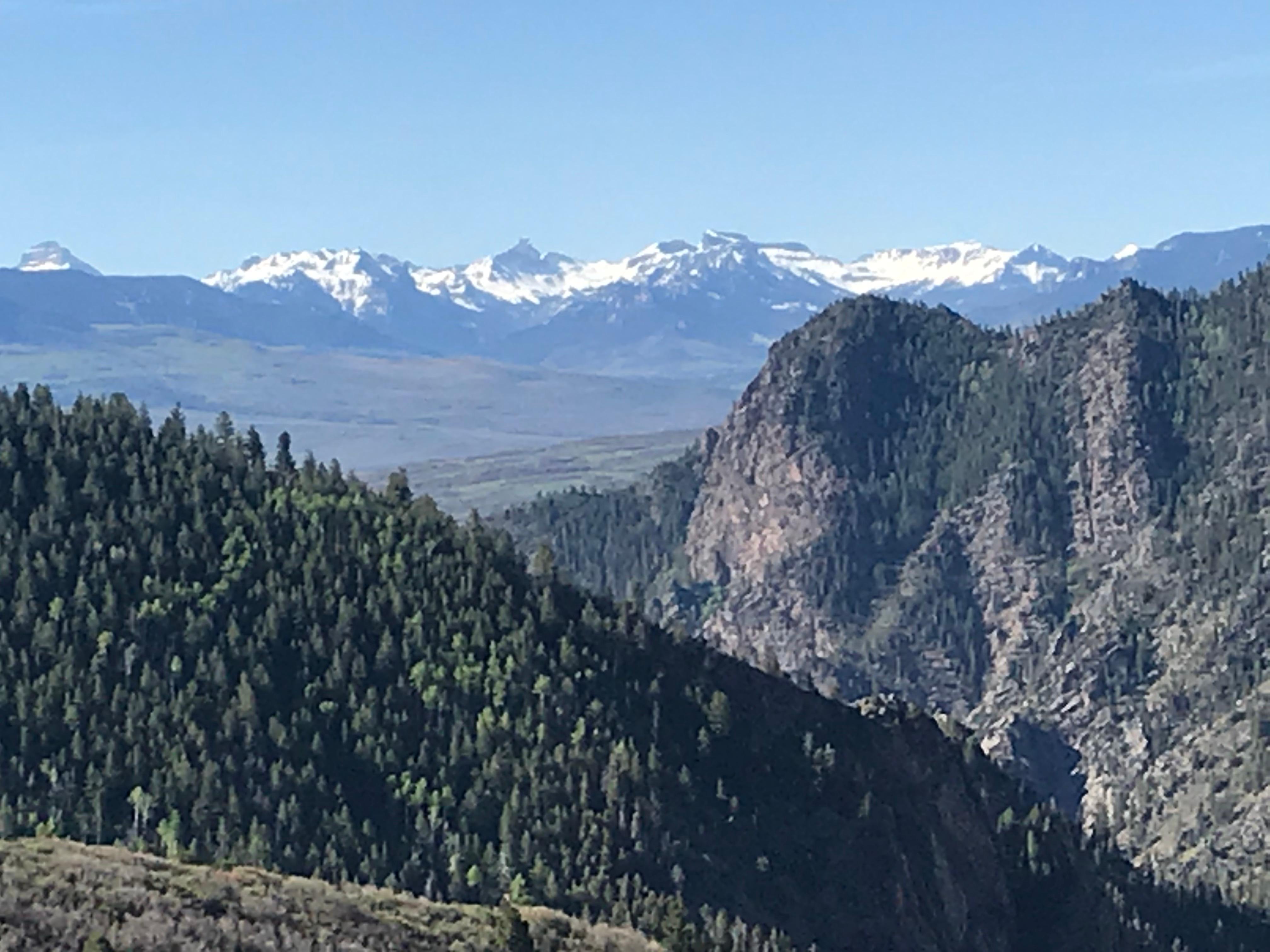 The snow-capped San Juan Mountain Range looms in the distance as viewed from the Crystal Trail