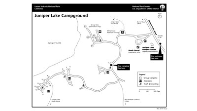 A map of the campground indicating sites branching off a single road.