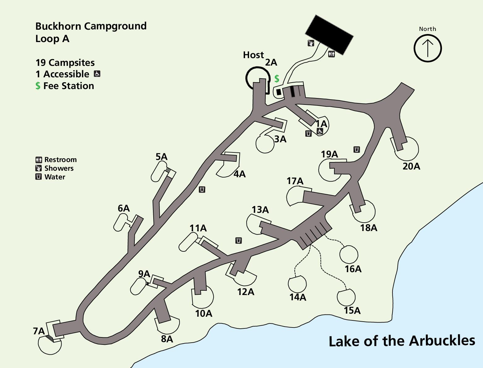A map of Buckhorn Campground, Loop A, showing locations of campsites, restrooms, water, and more