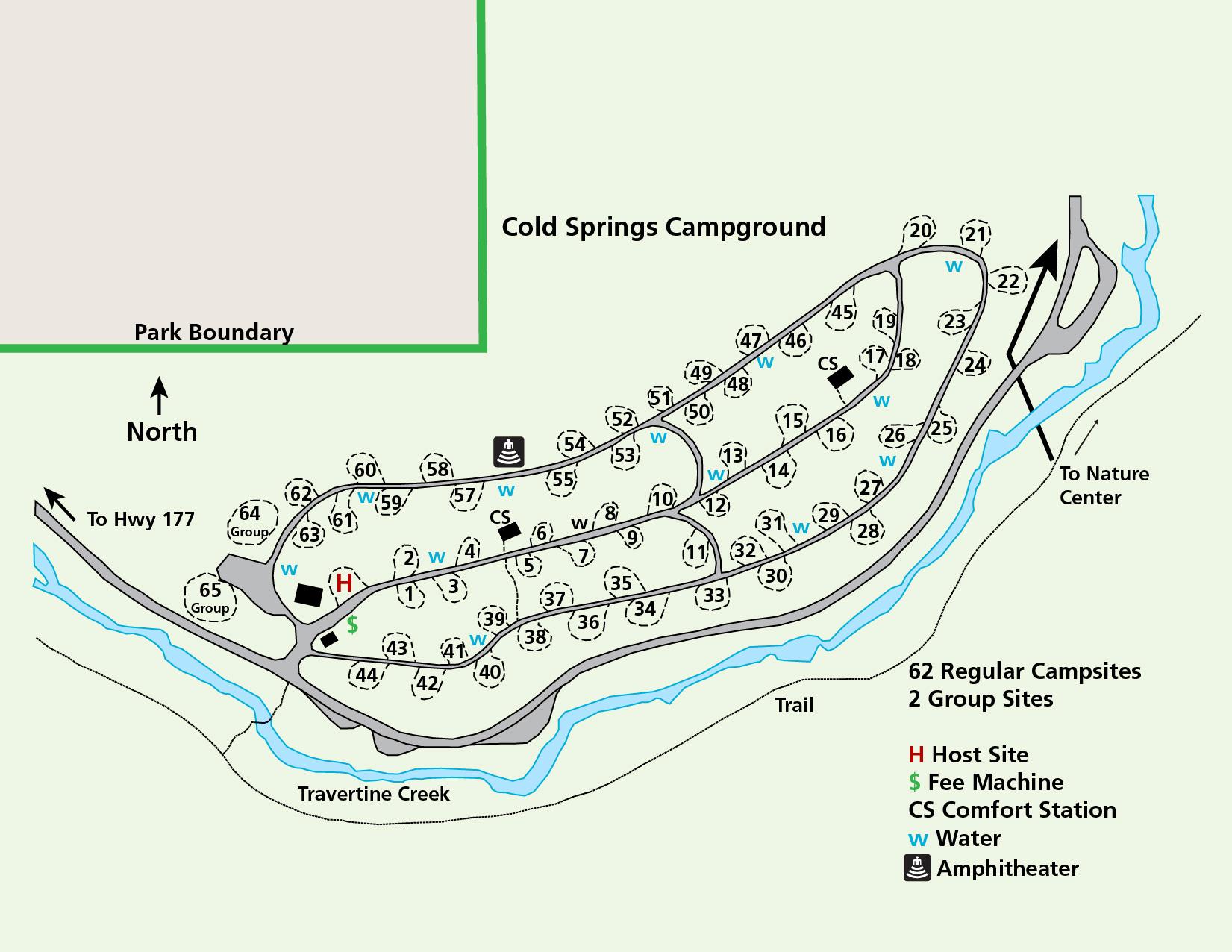 A map of Cold Springs Campground showing locations of campsites, restrooms, water, and more.