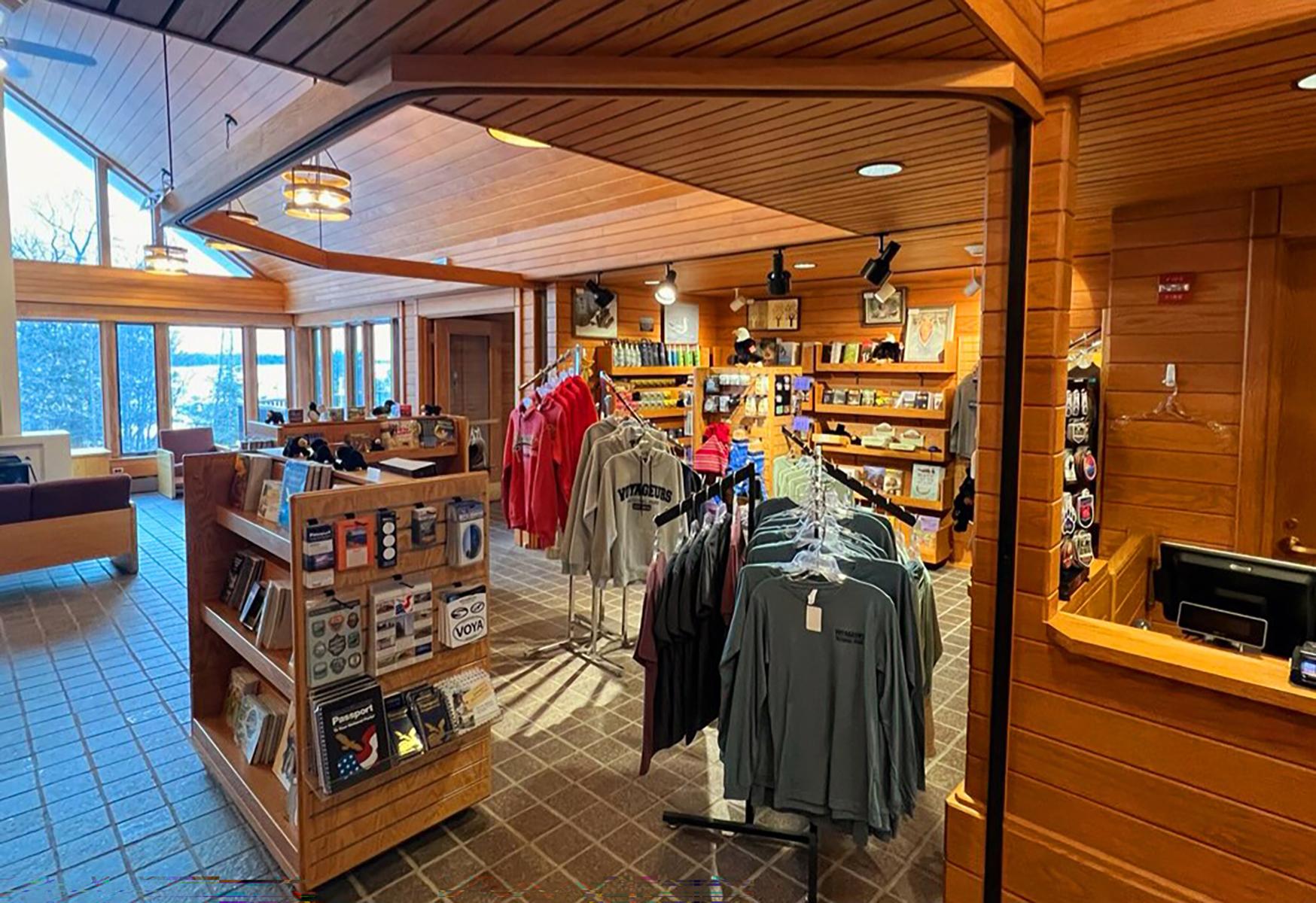 Photograph of giftstore inside wood panelled building.