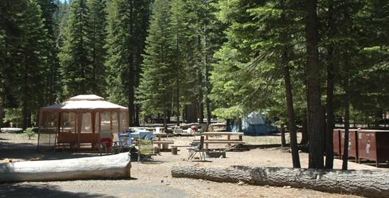 A large picnic tent next to two picnic tables with camping chairs and three brown metal bear boxes.
