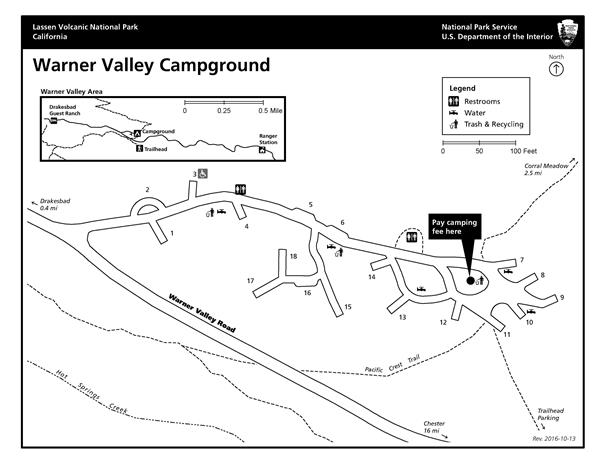 A map showing a campground along a spur road with 18 sites.