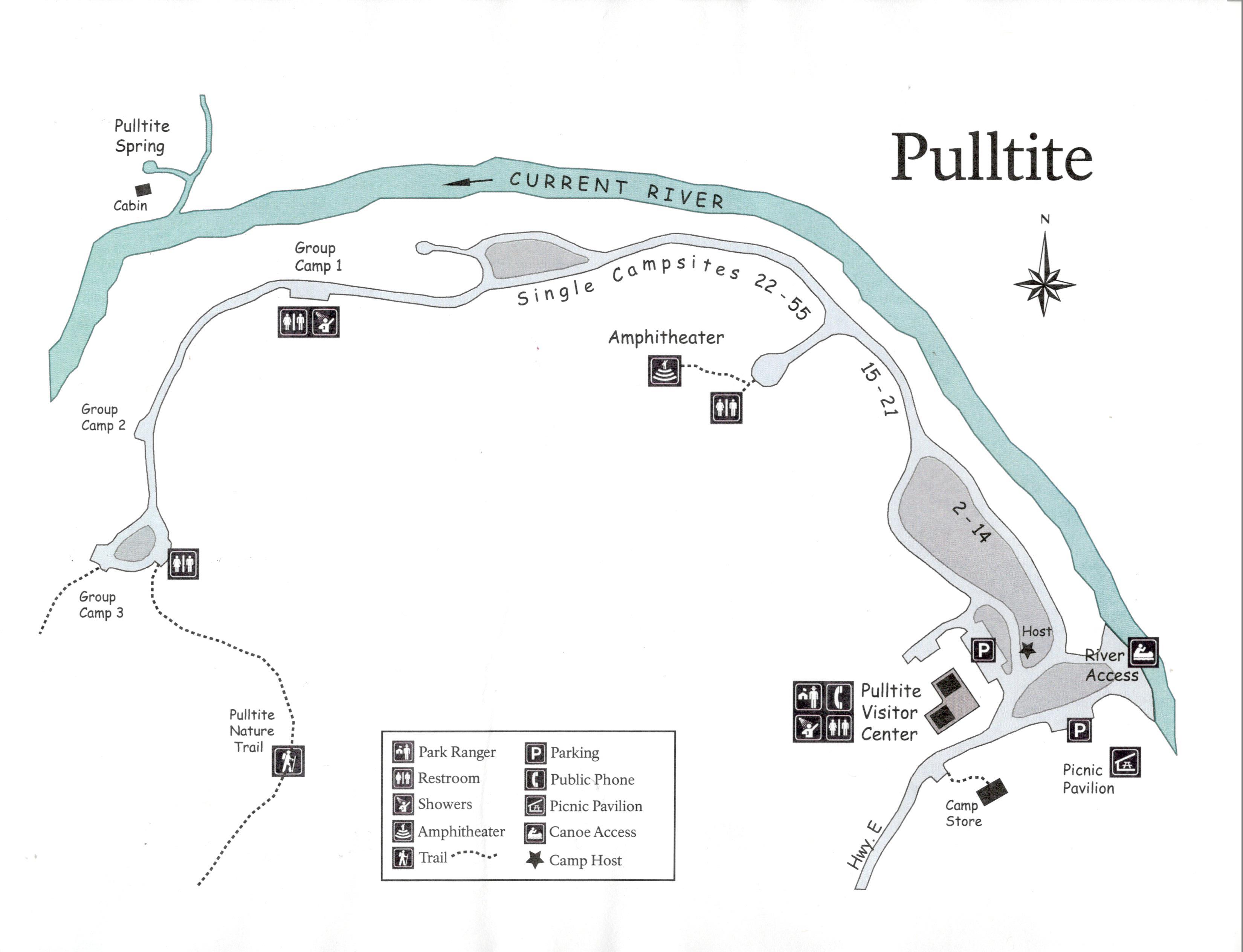 A map showing campsites, restrooms, ranger station, river access, phone, information
