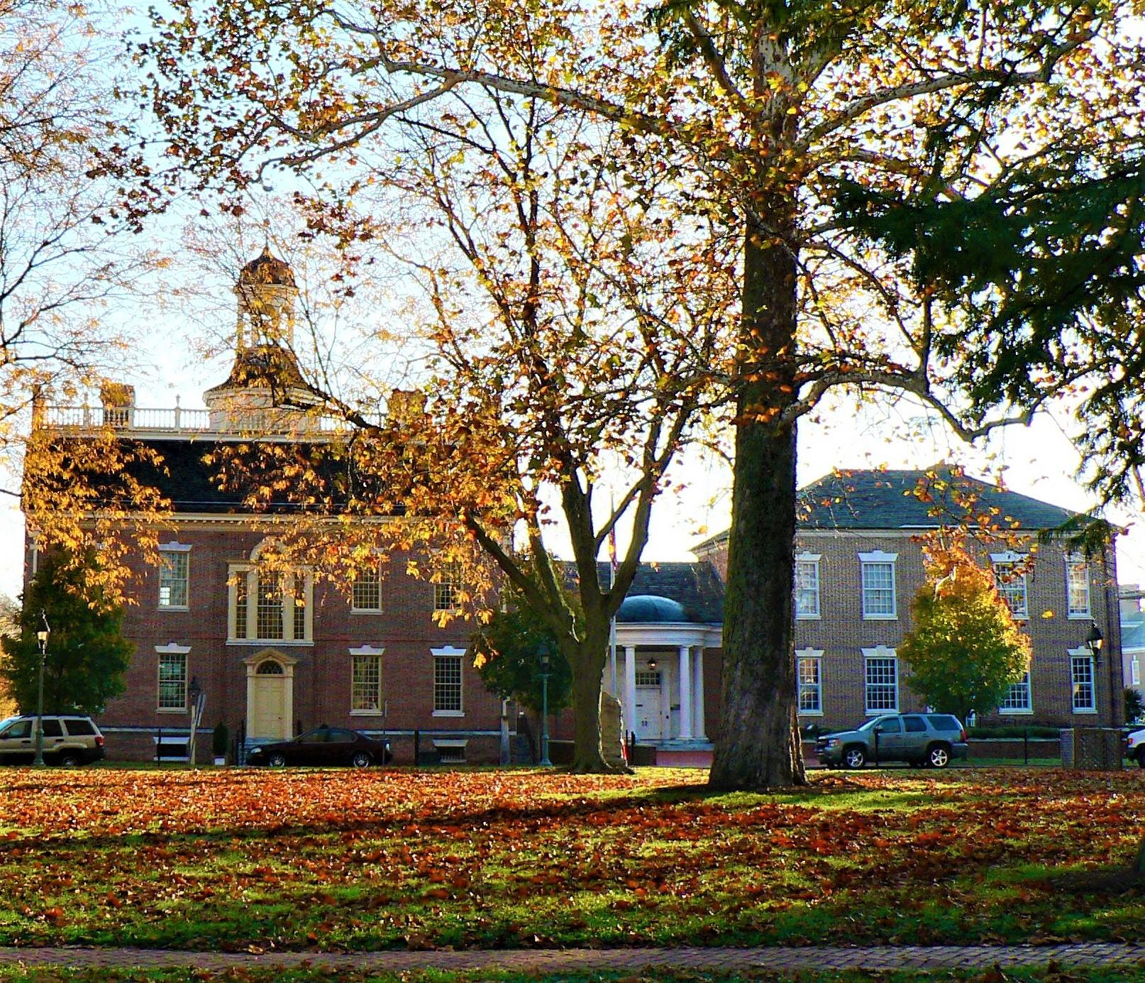 Red, yellow, and green leaves lay on the grass in front of a colonial building.