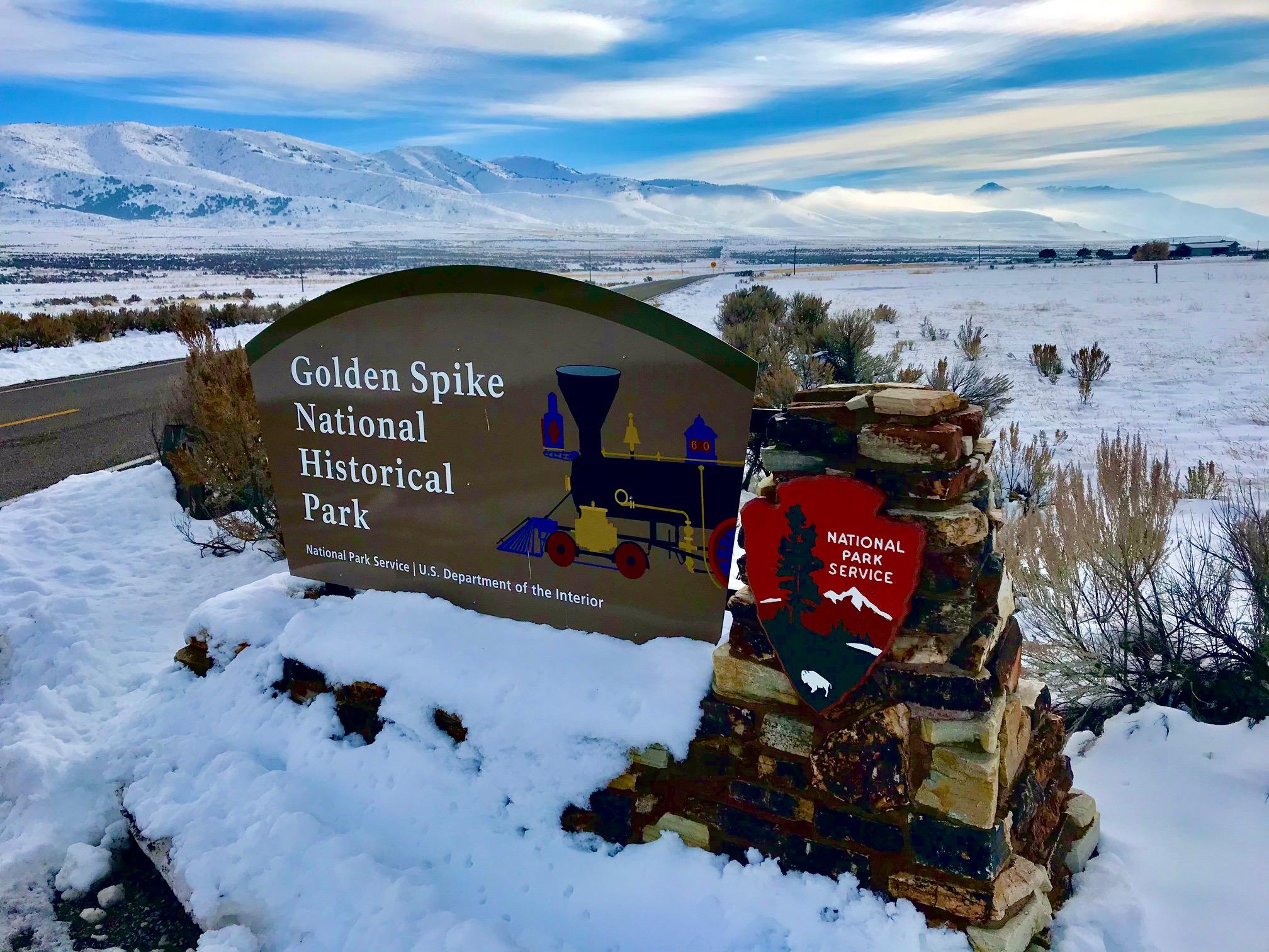 Winter View of Golden Spike Entrance Sign