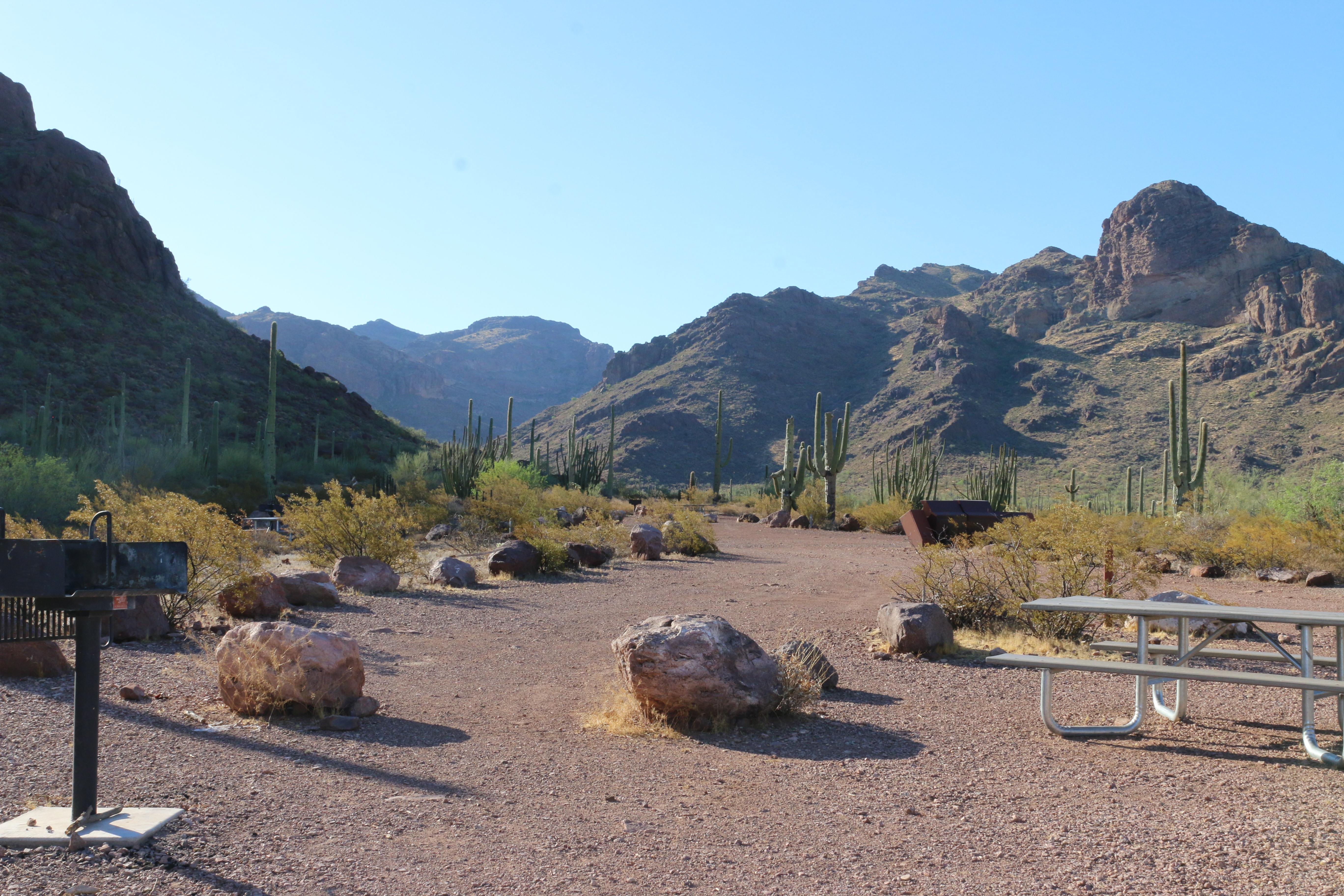 Campground site with a picnic table and standing grill, with mountains and canyon in the background