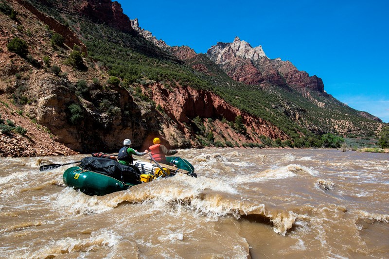 Floating Rapids A green rubber raft floats over a rapid on a brown colored river in front of multi-colored mountains