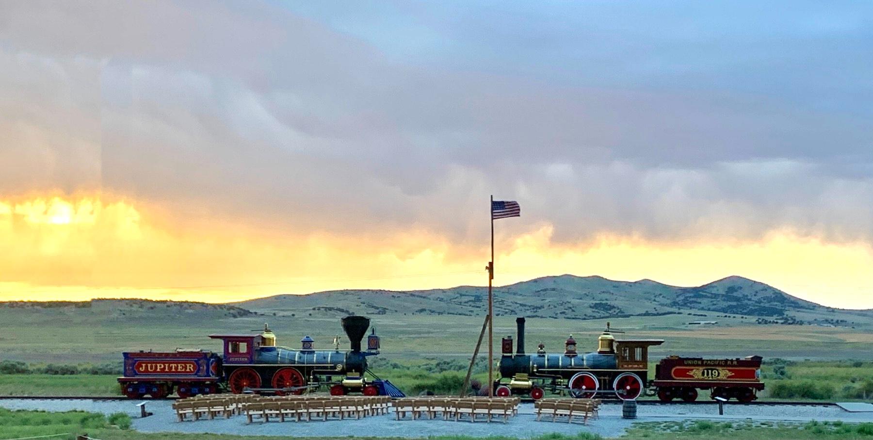 Sunset view of locomotives Jupiter and 119 at the Last Spike Site