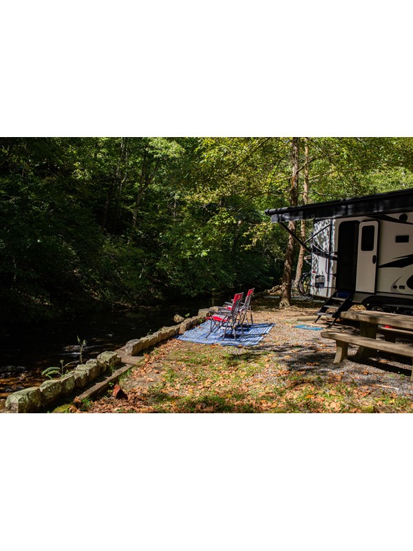 Lawn chairs posted beside a calming creek