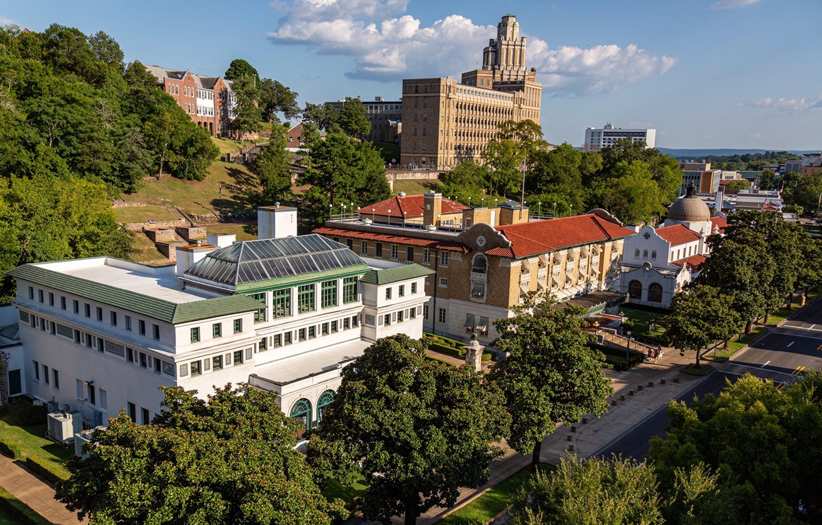 A sky view of large bathhouse buildings 