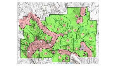 map of Lassen Volcanic National Park overlayed with numbered zones and areas closed to camping.