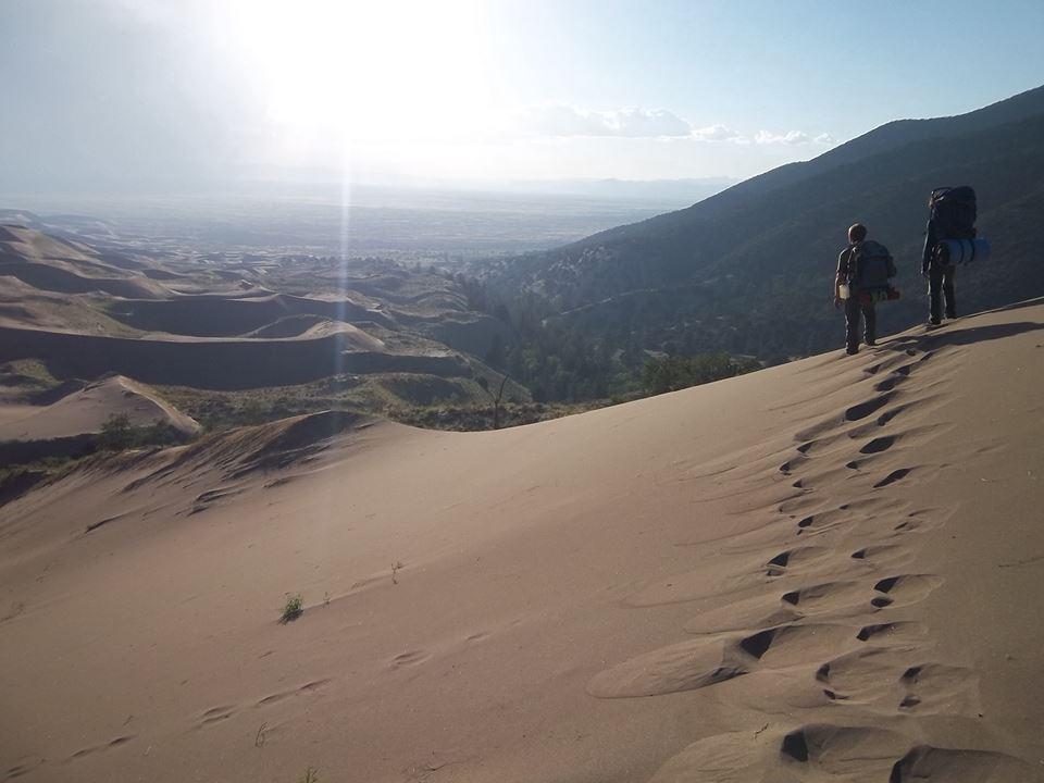 Backpackers walking on eastern side of dunefield