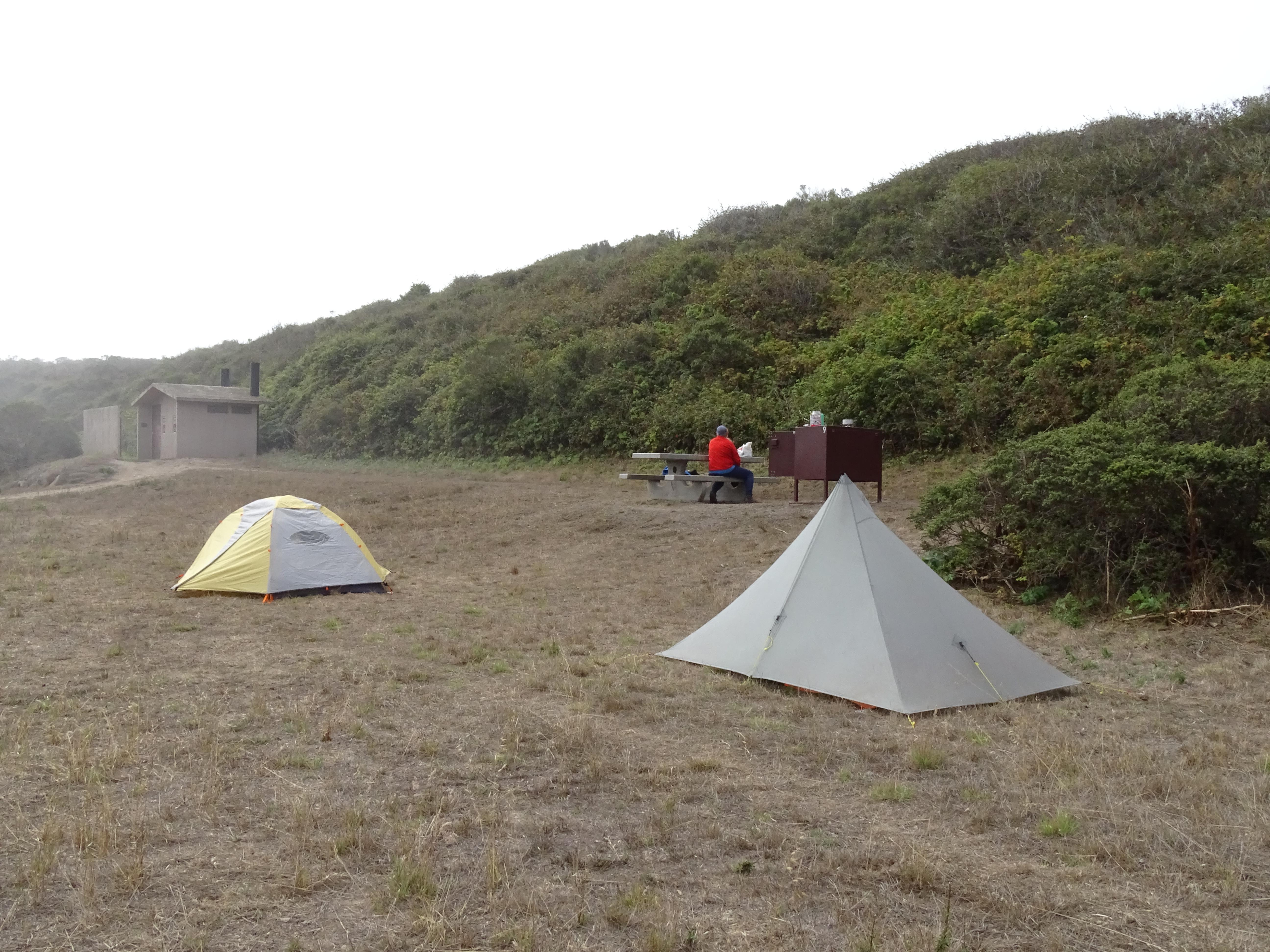 A campsite containing two small tents, a picnic table, and a food storage locker.