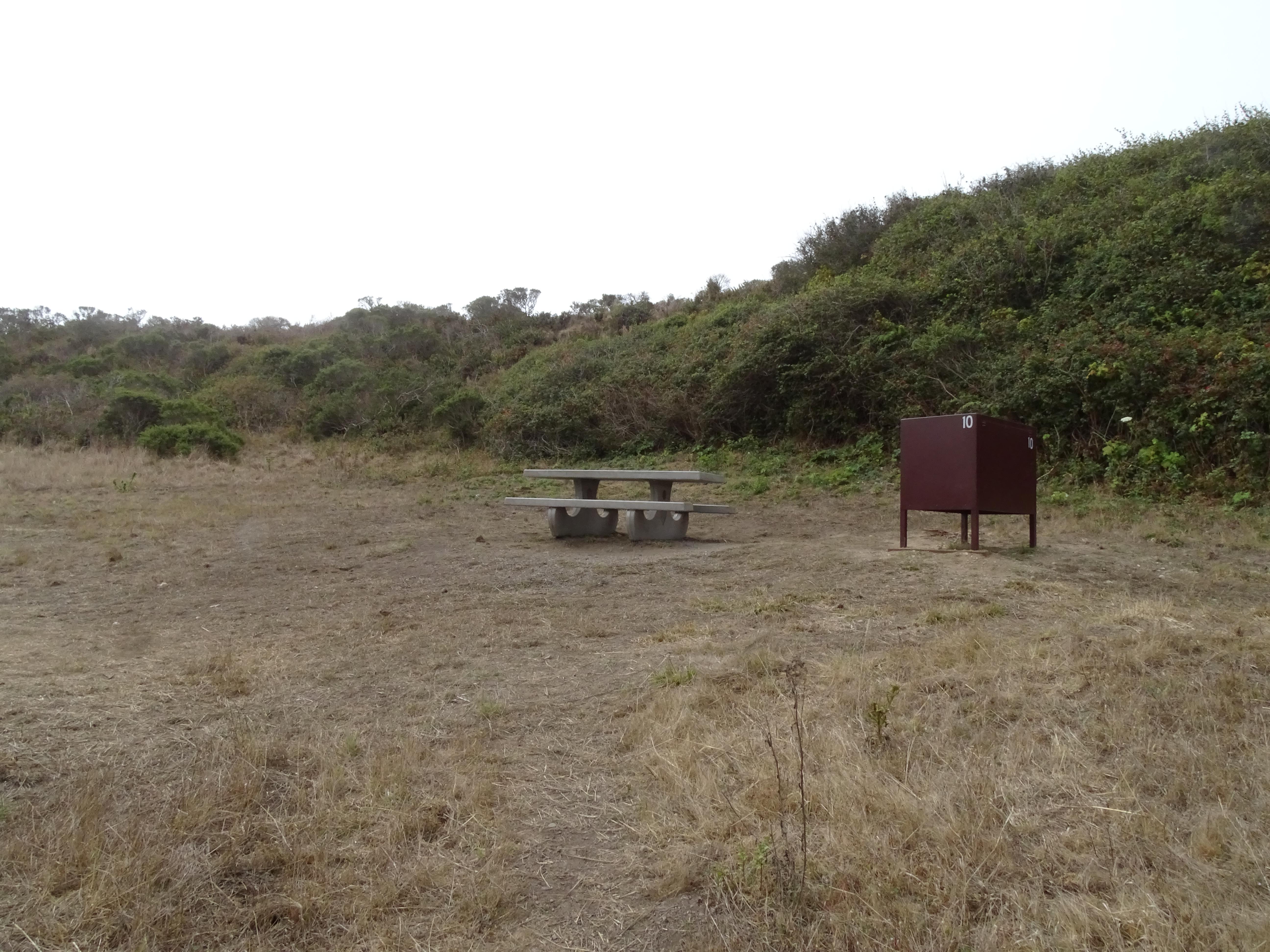 A campsite containing a picnic table and a food storage locker at the edge of a shrub-covered hill.