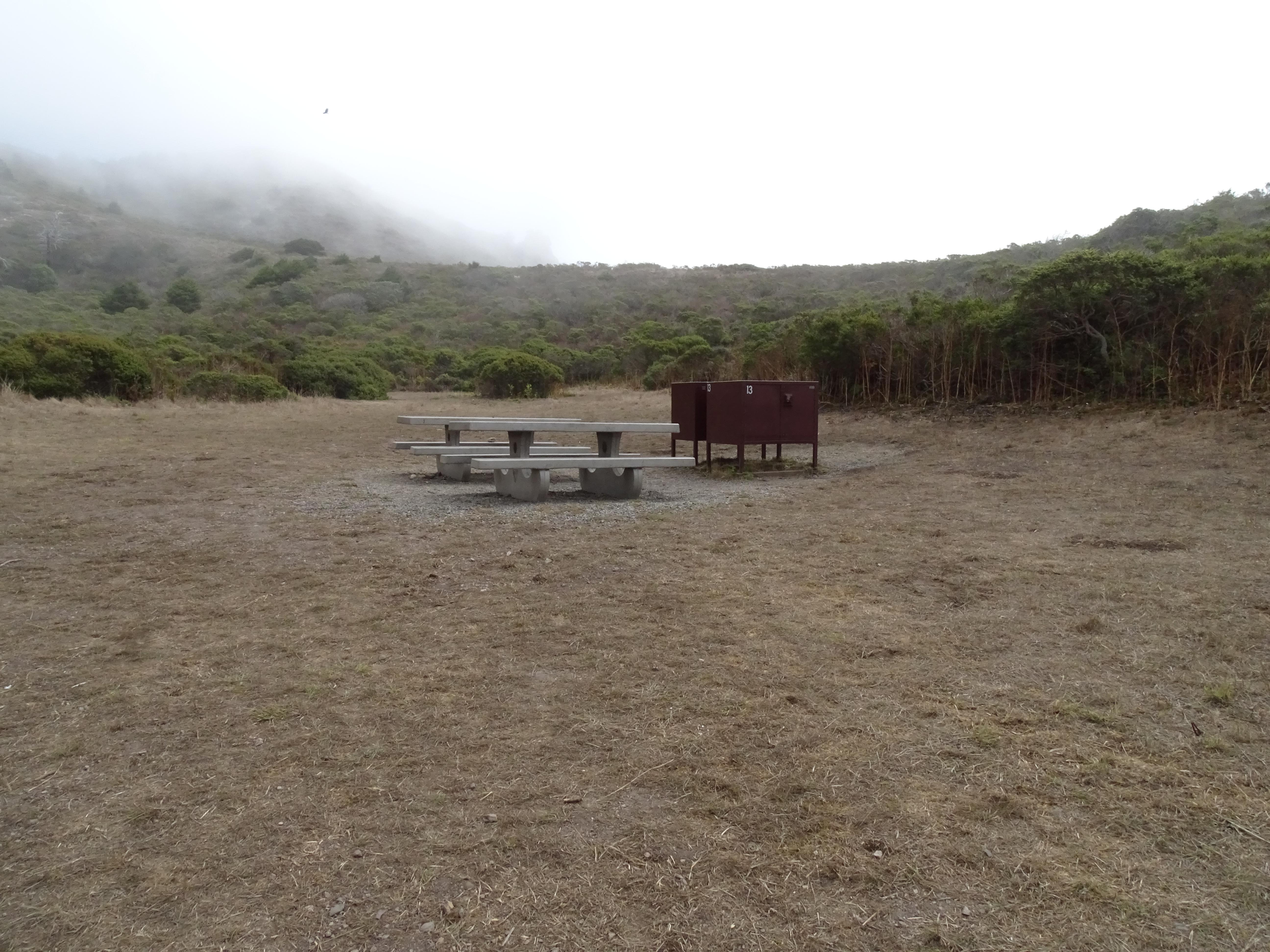 A campsite containing two picnic tables & two food storage lockers in front of a shrub-covered hill.