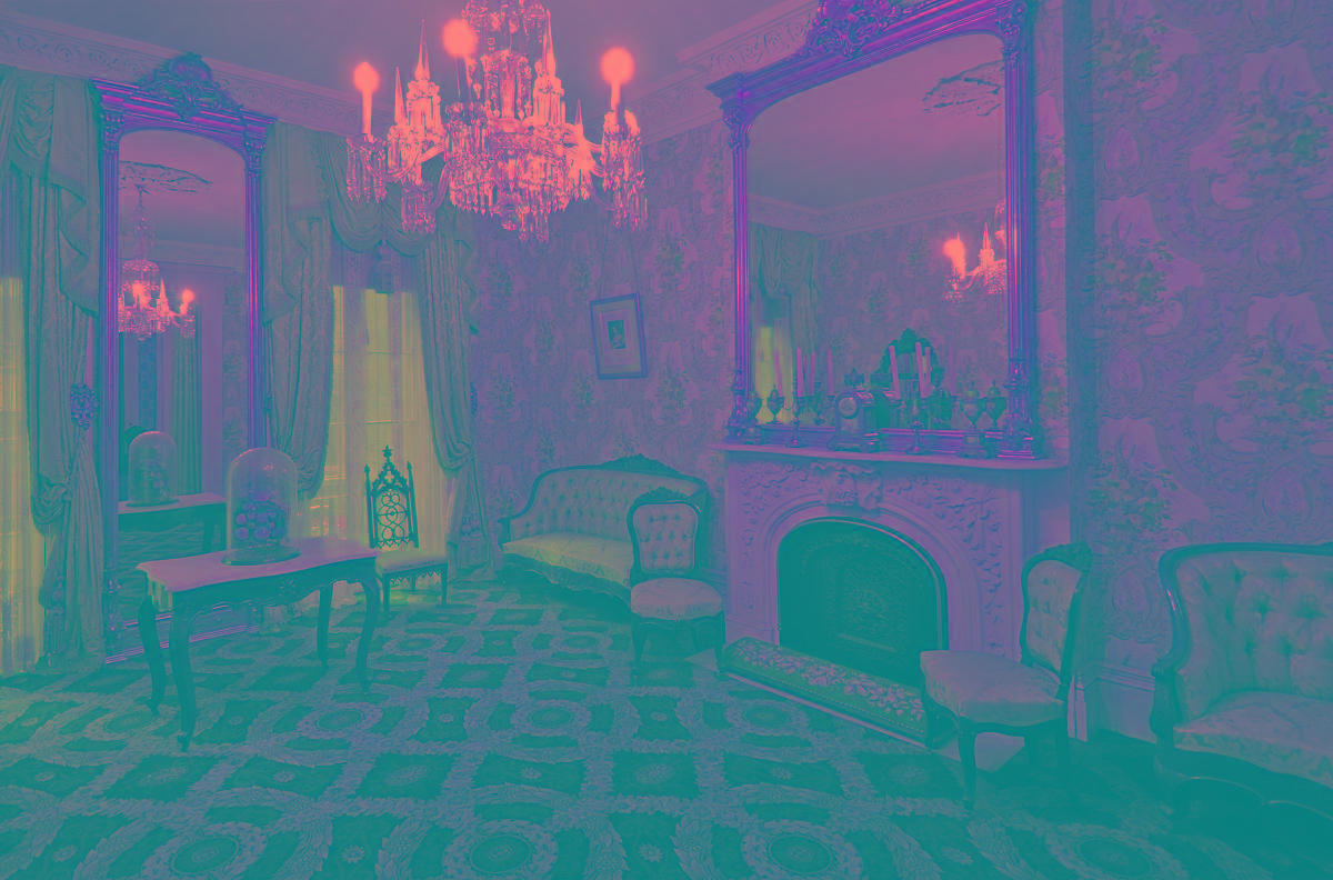 Colored photograph of front parlor