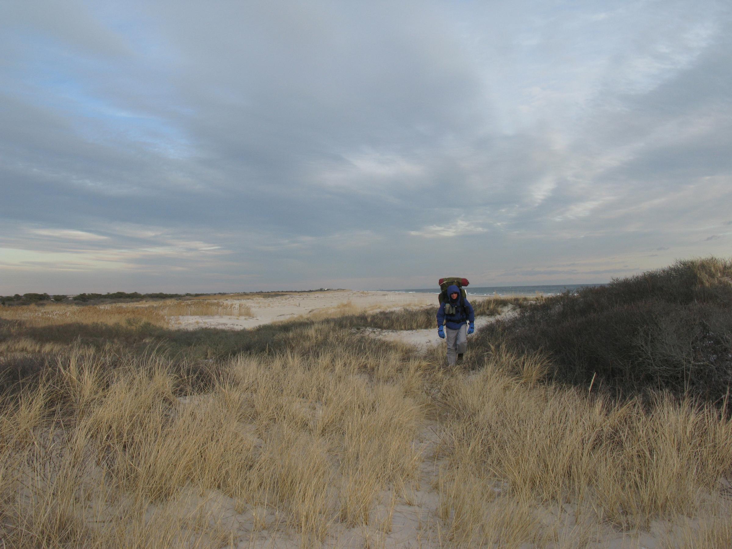 A man with a large backpack hikes through a sandy beach wilderness