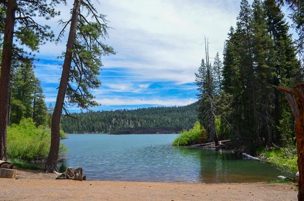 A sandy boat launch area on the edge of a conifer-lined lake.