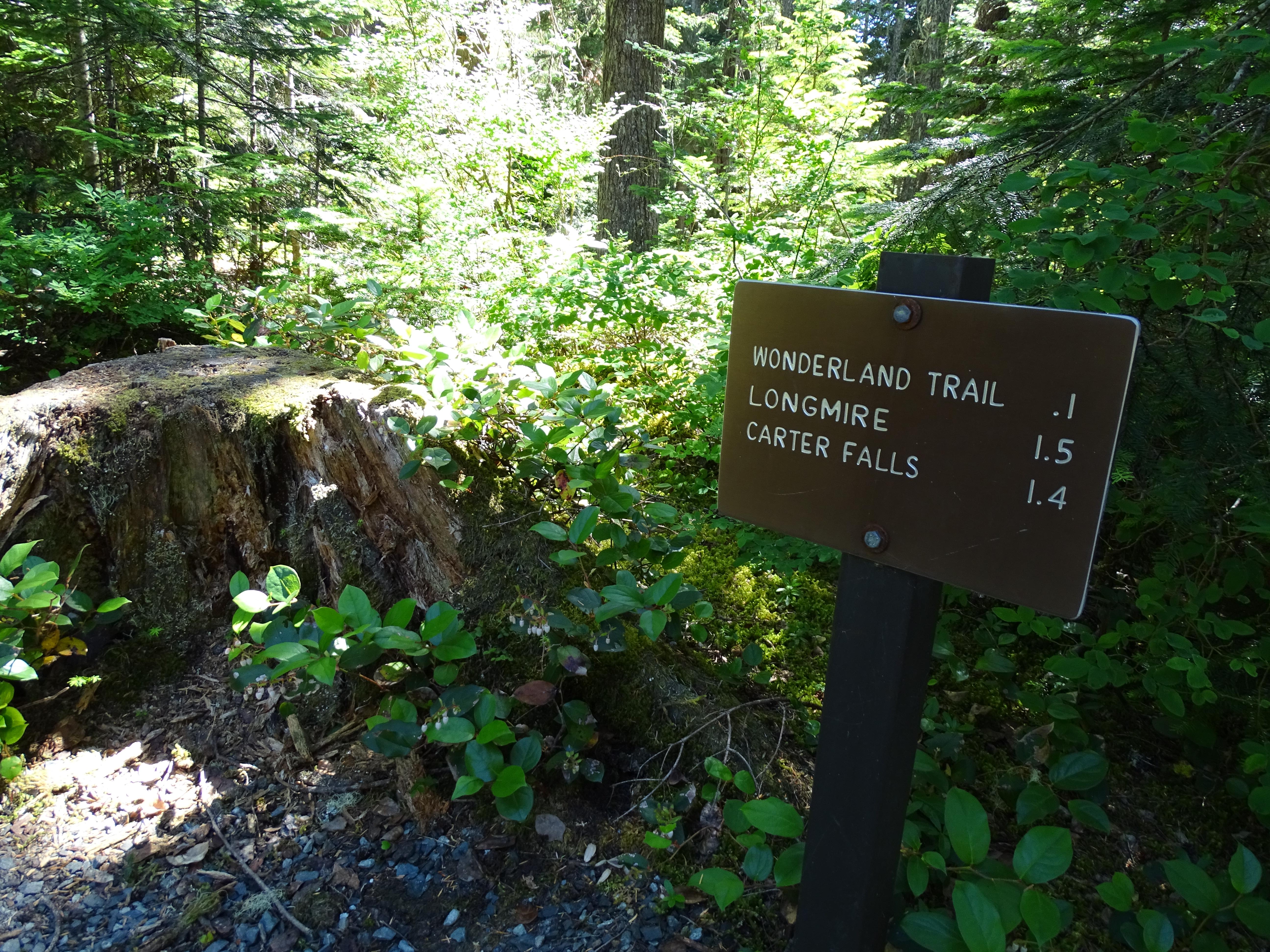A brown sign noting the distance to trails in the area.