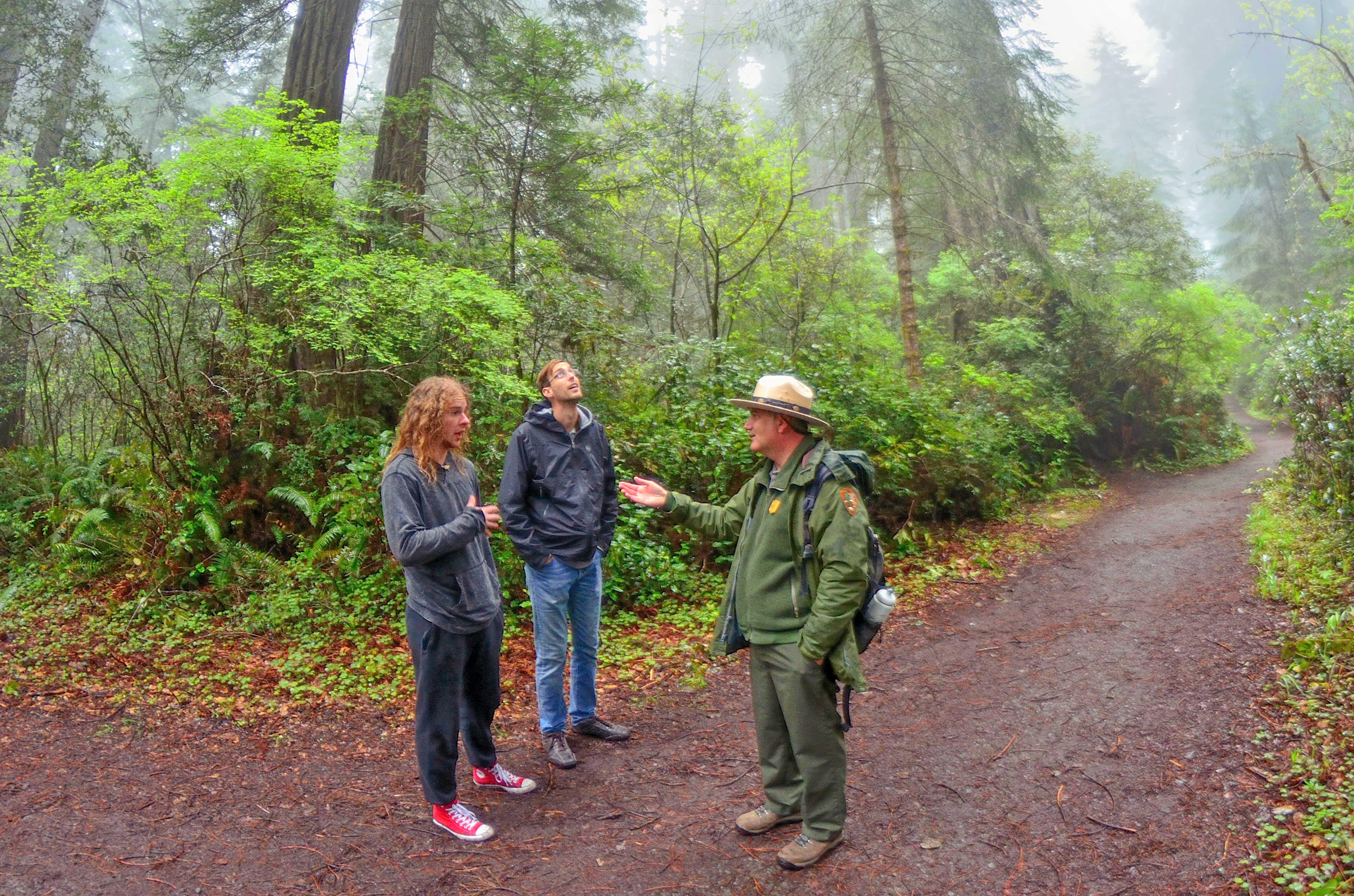 Two adults talk with a park ranger under foggy trees