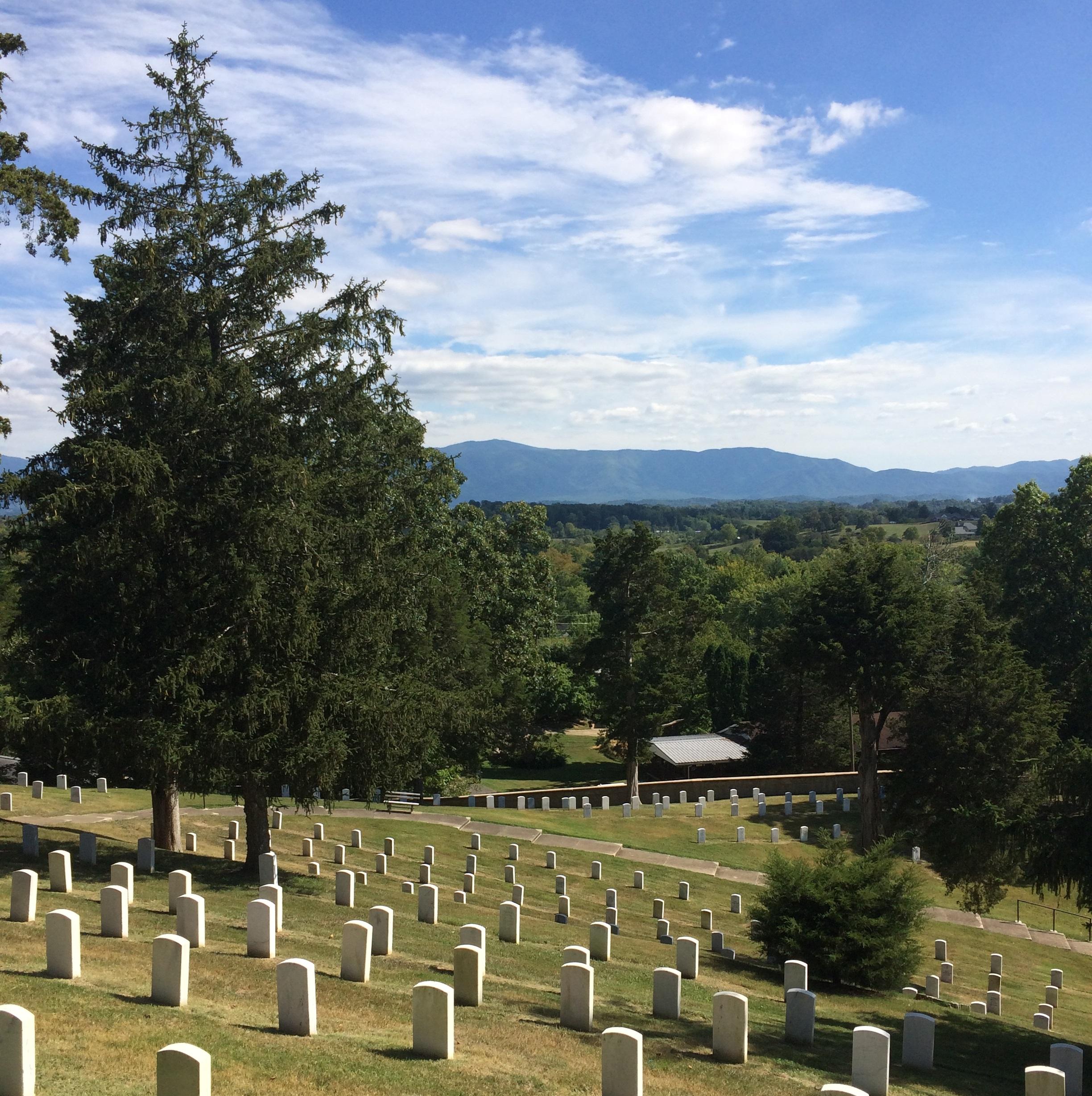 A view of Monument Hill studded with veteran headstones