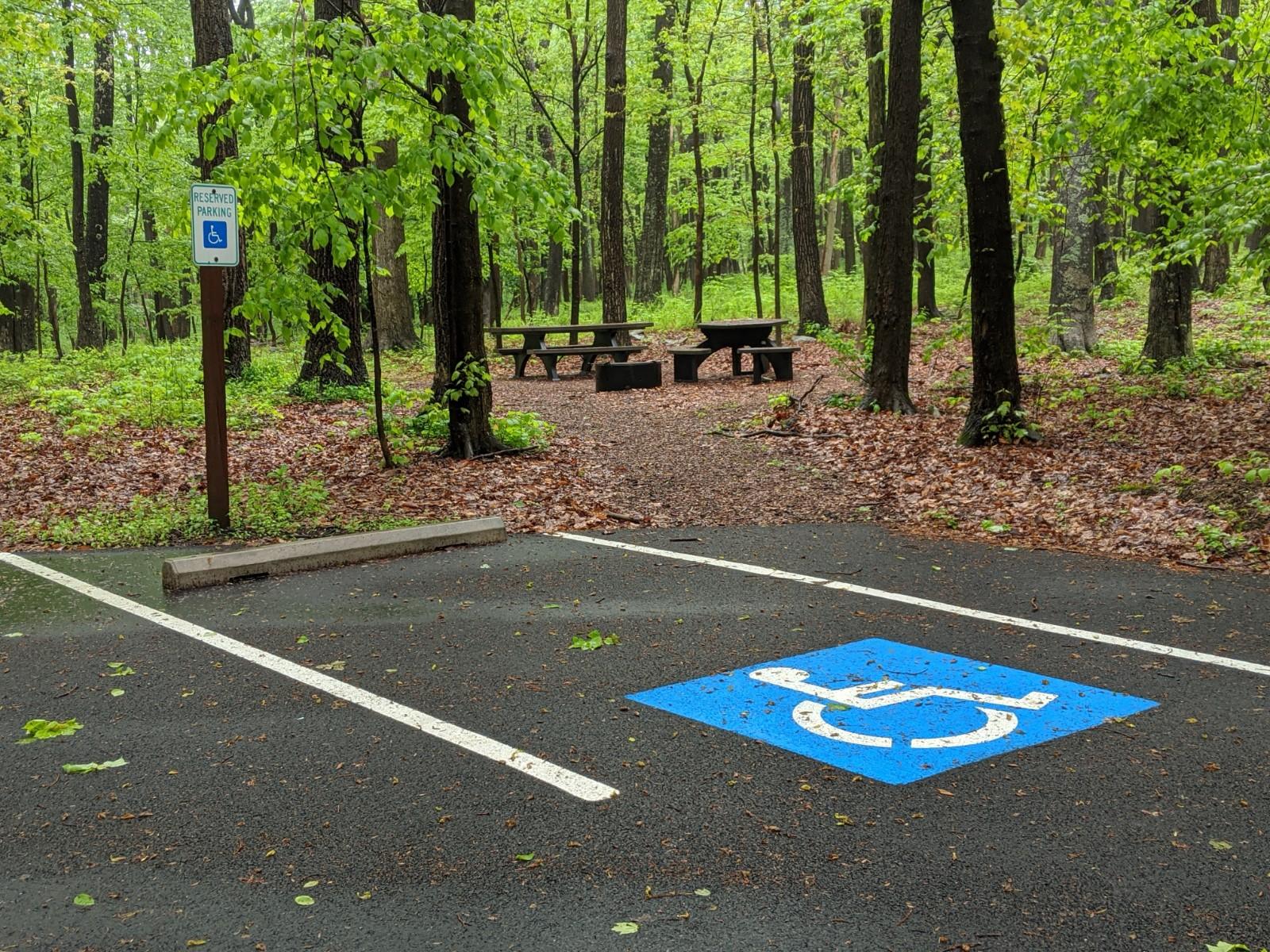 Handicapped Parking space at picnic area. Several feet away is a picnic table and grill. 