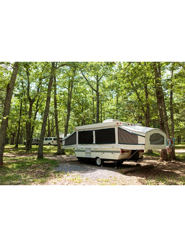 A small pop-up camper is parked in a campground with green trees overhead.