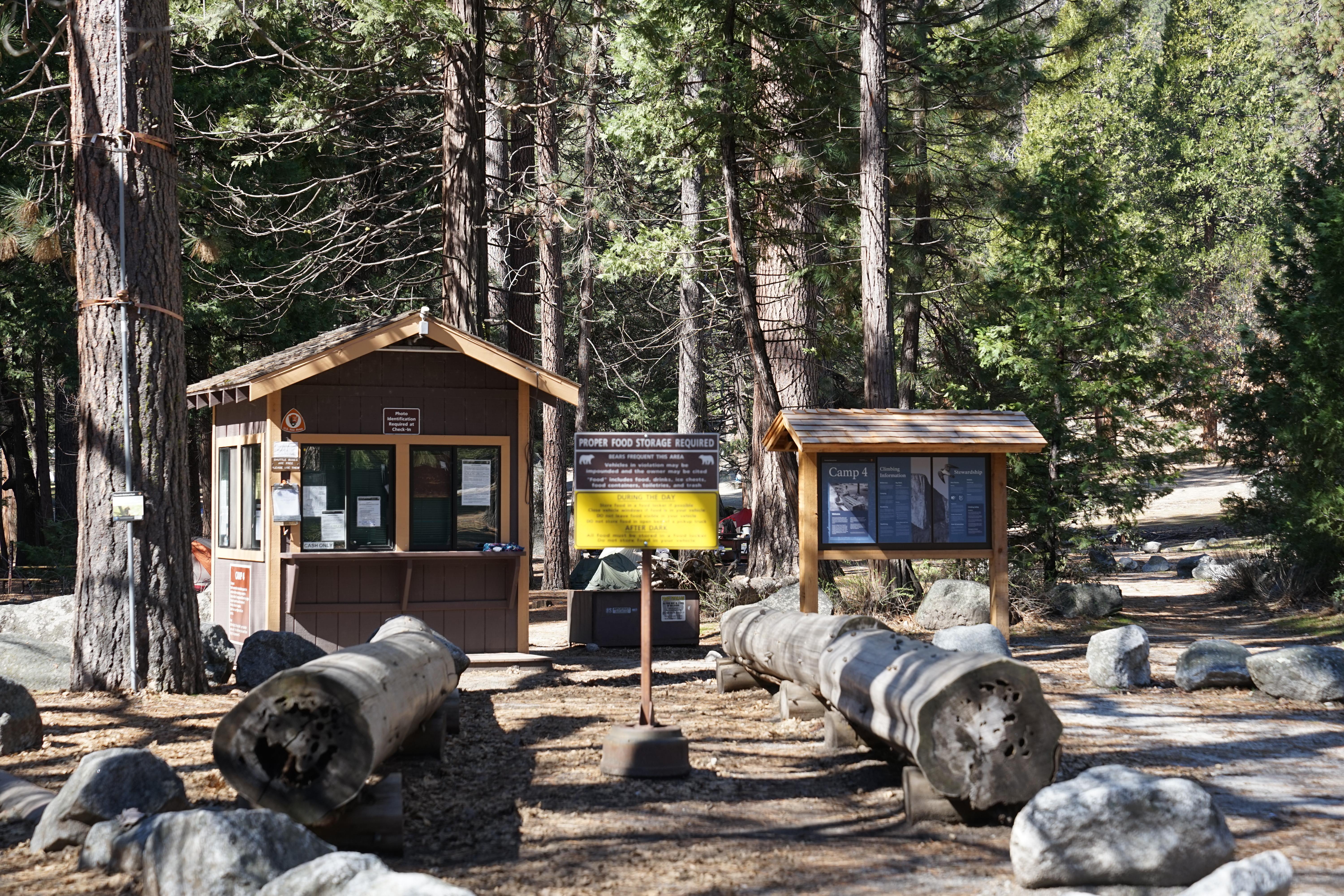 Camp 4 kiosk building and bulletin board