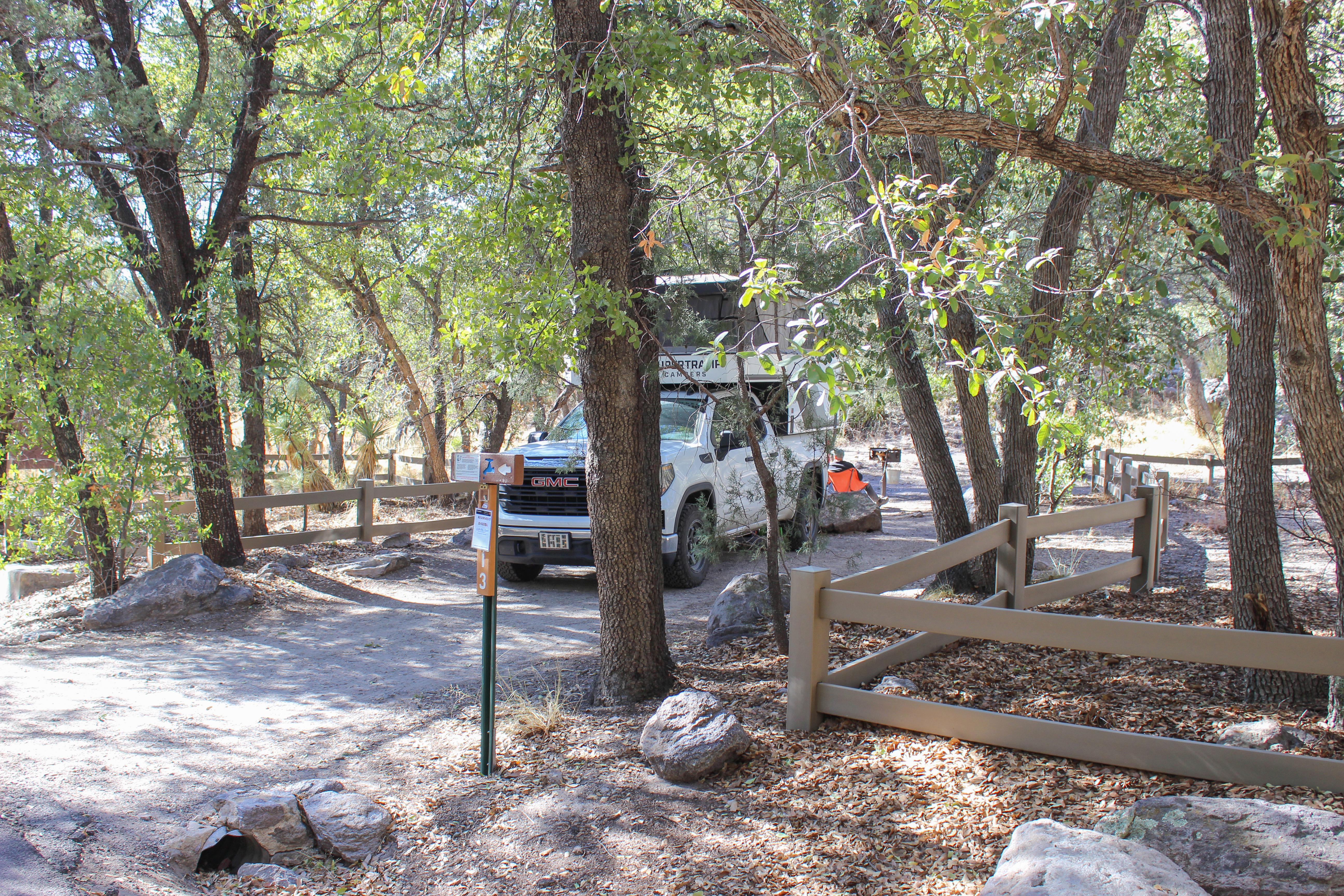 camper van backed into a campsite with trees and mountain in the background