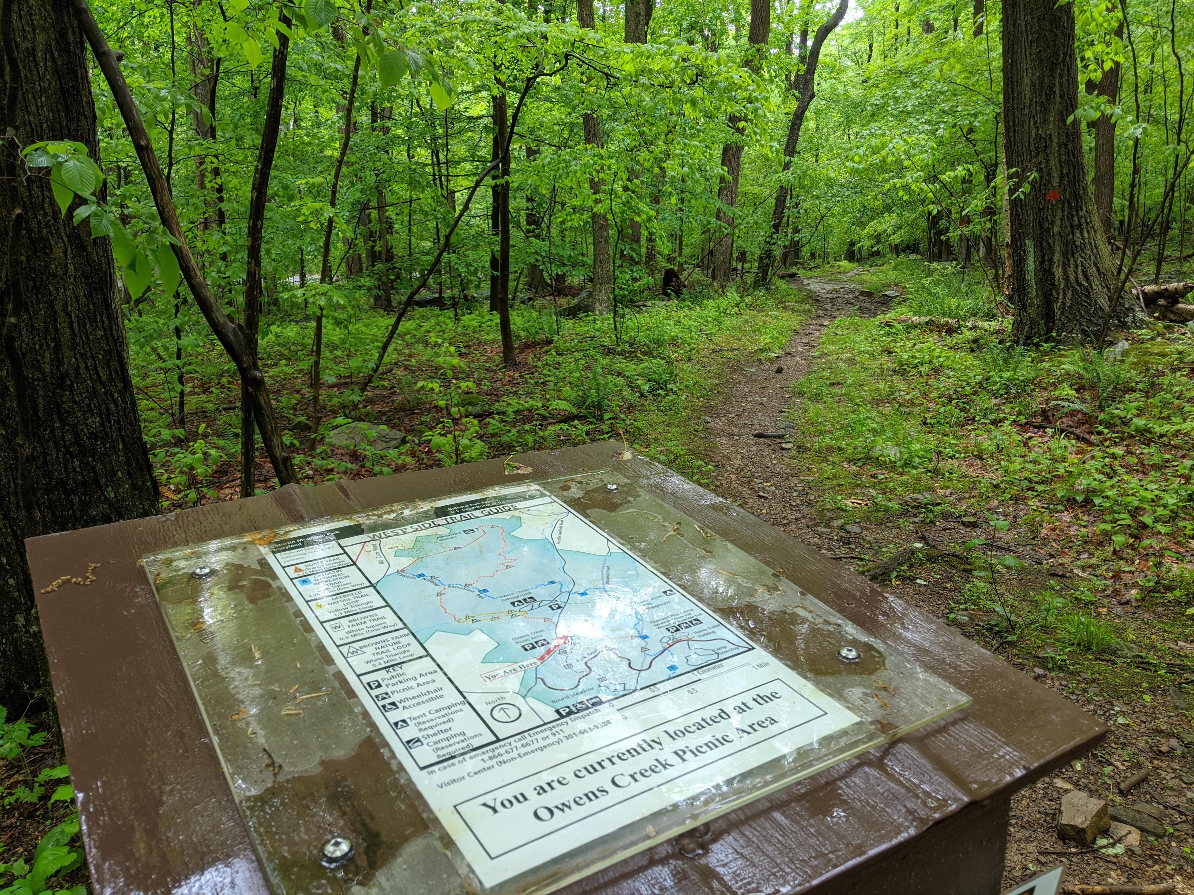 Map board with trail behind.