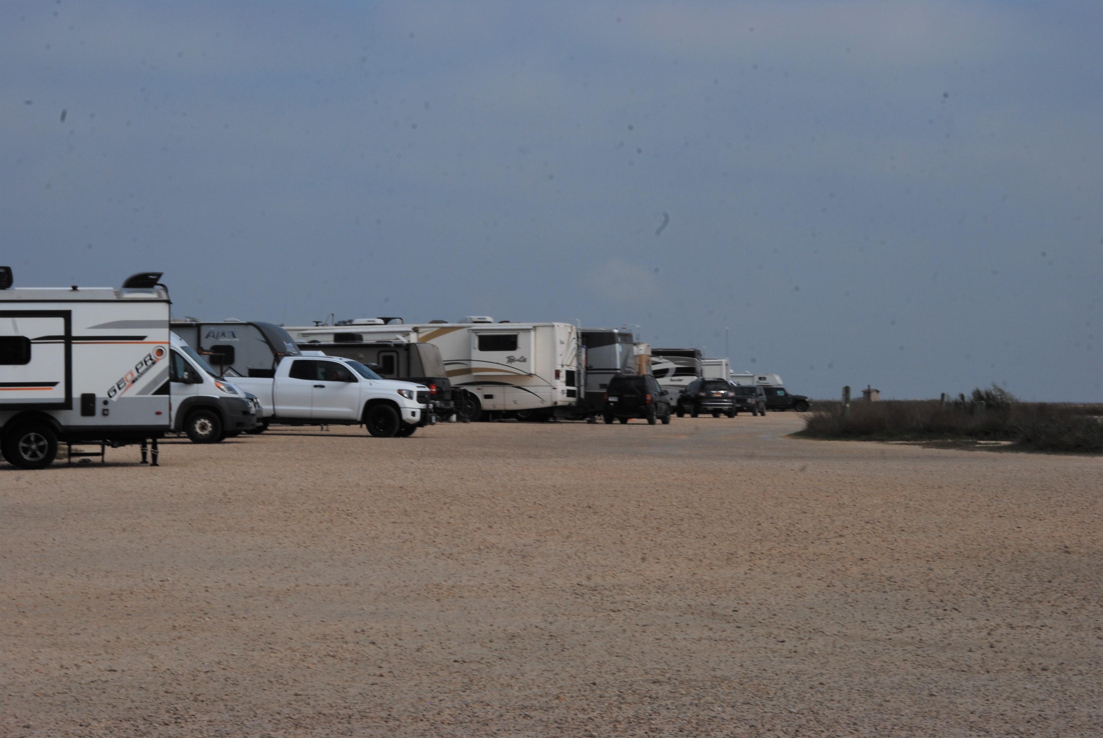 A dozen RVs, vans, buses, and trucks parked side by side in designated gravel campsites