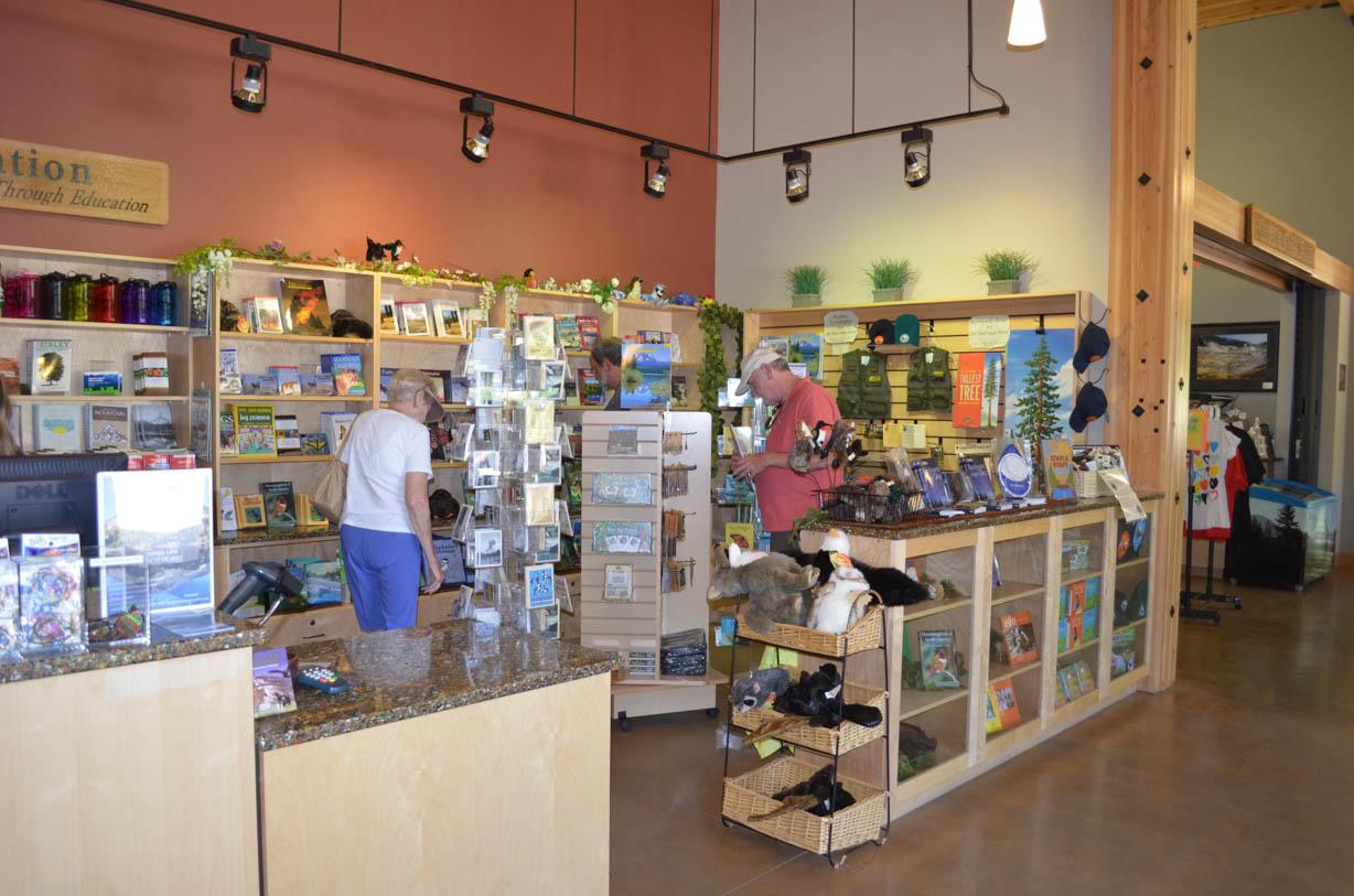 Two people shopping in a small store featuring books and smaller items.