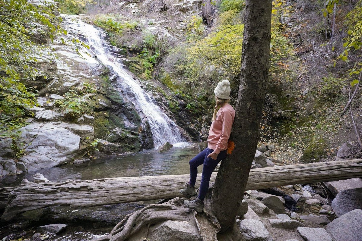 A woman looking at a cascade.
