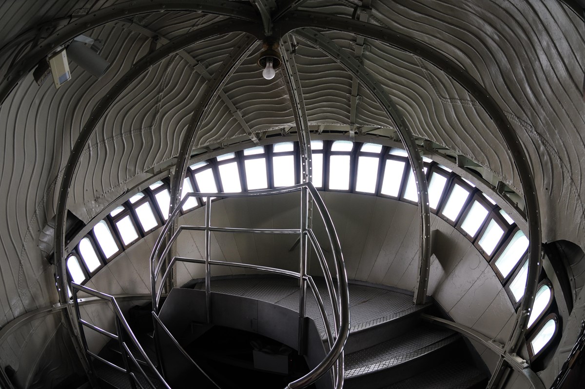 The interior view of the 25 windows and platform in the crown of the statue. 