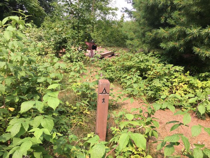 Dirt path leading to a campsite. Next to path is a post with a tent symbol and the number 1.