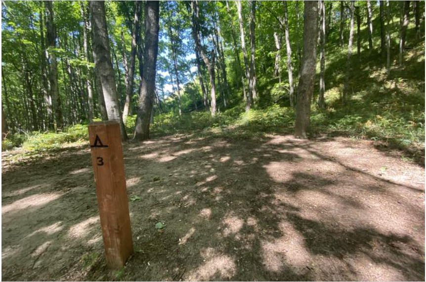 Cleared flat ground surrounded by a forest. Brown post with tent symbol and the number 3.