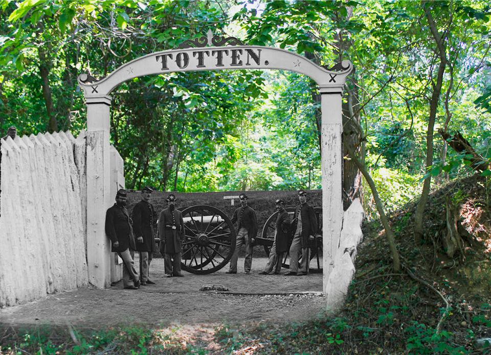 Historic image of Fort Totten on layered on modern image.