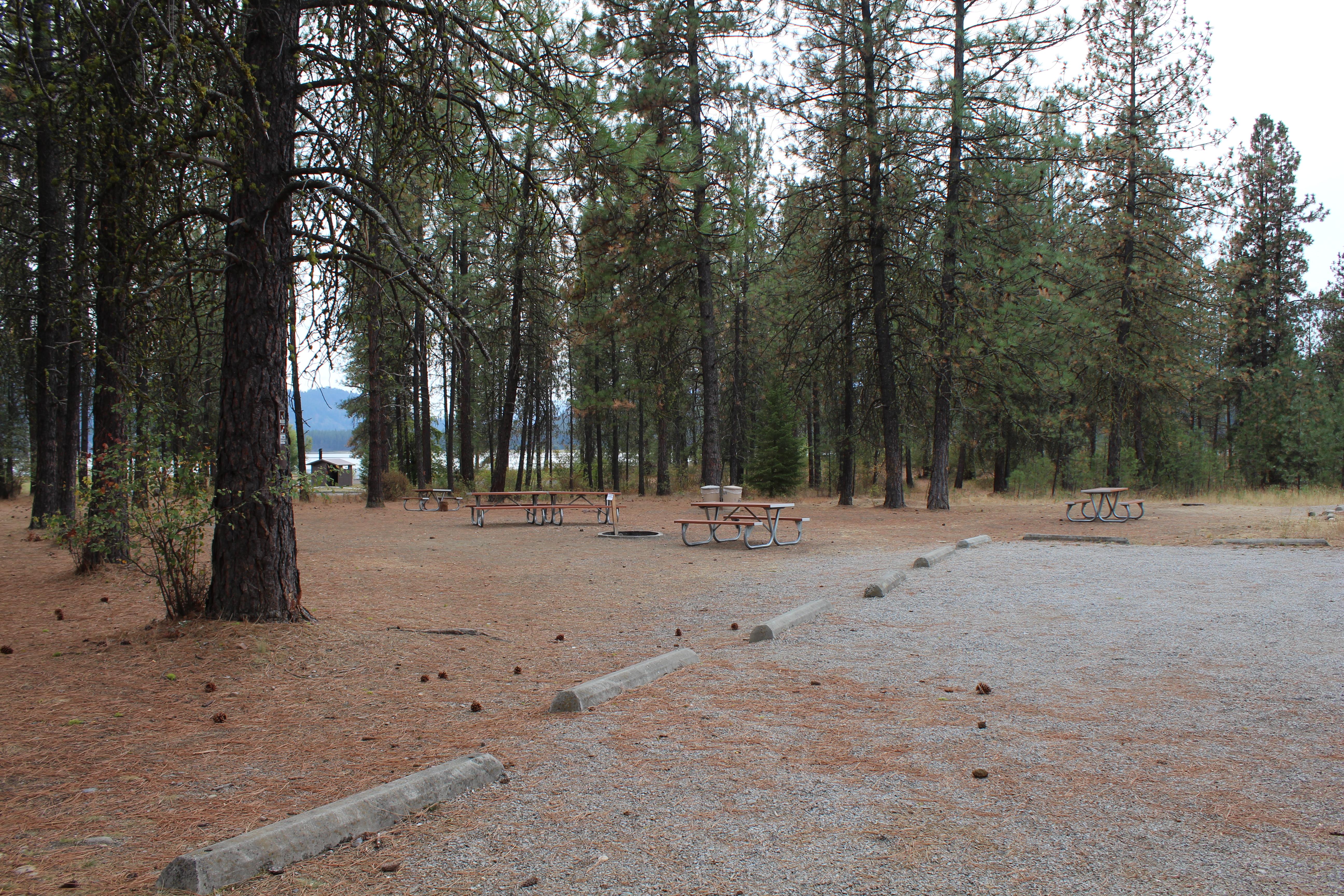 The group site with picnic tables, paved park, fire ring, bathroom, and lake view.
