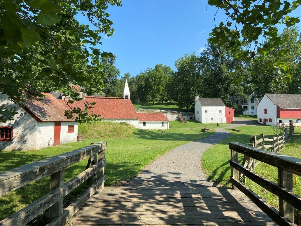 buildings varying in size on either side of a gravel path. 