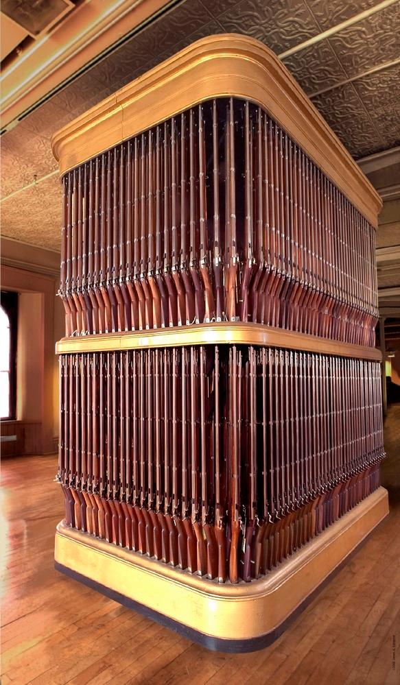 A double musket rack holding 645 Springfield US Model 1861 rifle muskets.