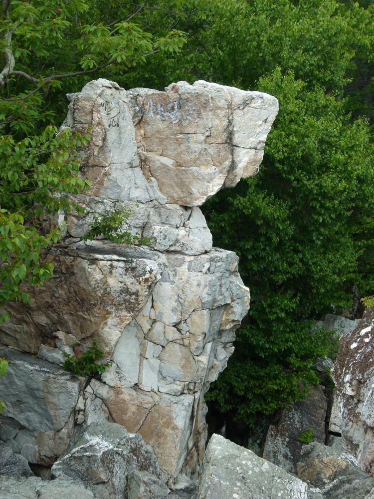 A large angular boulder that resembles the shape of a wolf.