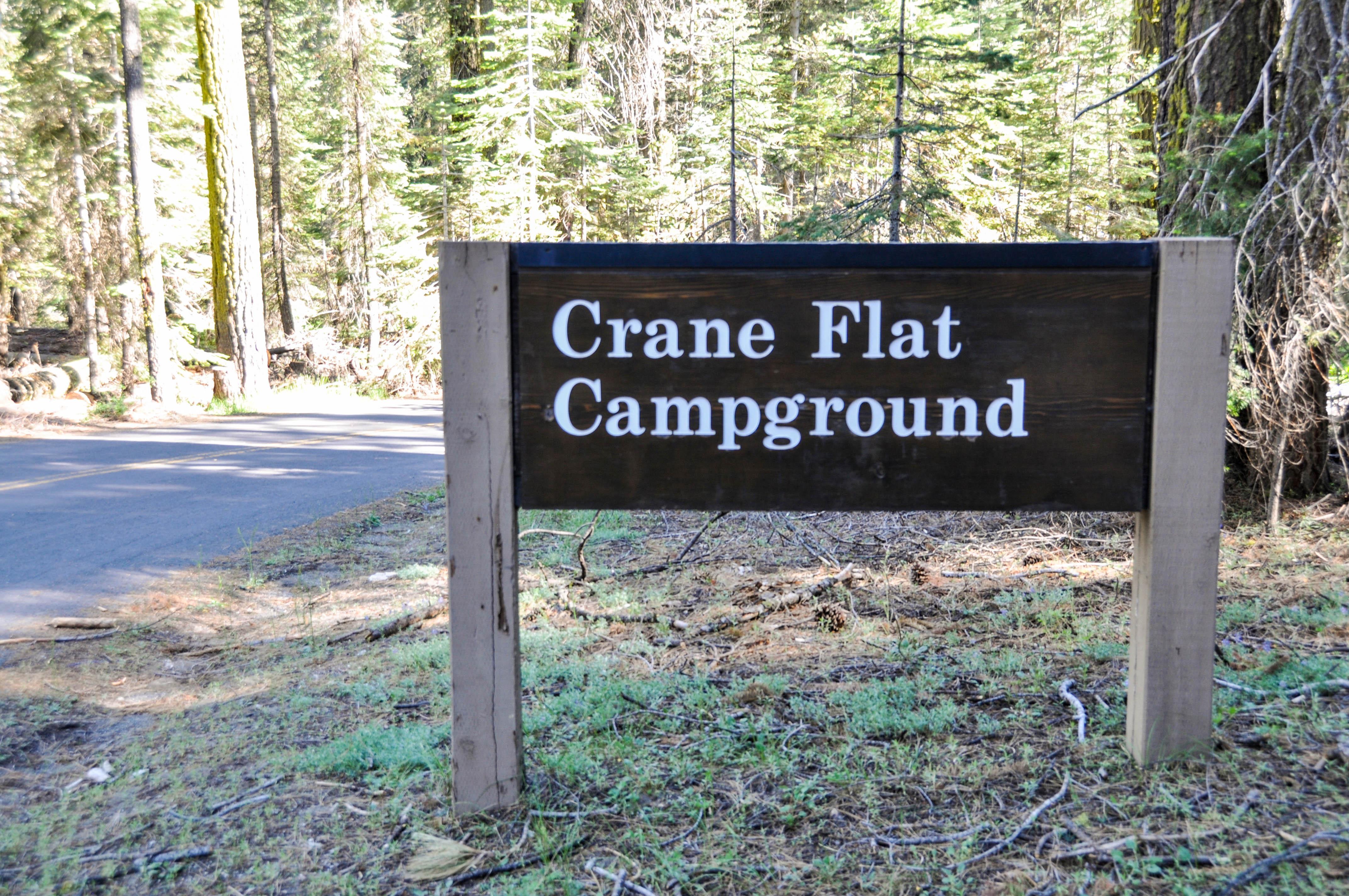 A wood sign at the entrance to a campground reads, Crane Flat Campground