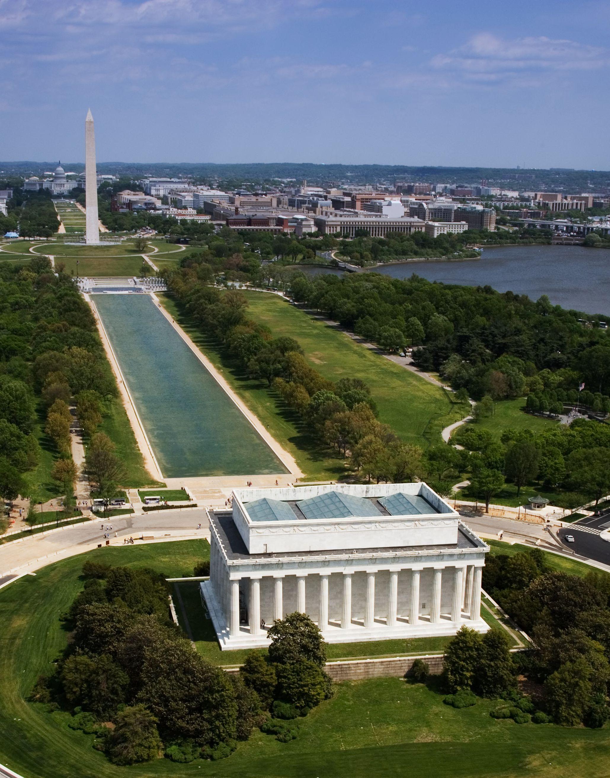 Aerial view from West to East showing Lincoln Memorial, Washington Monument and US Capitol