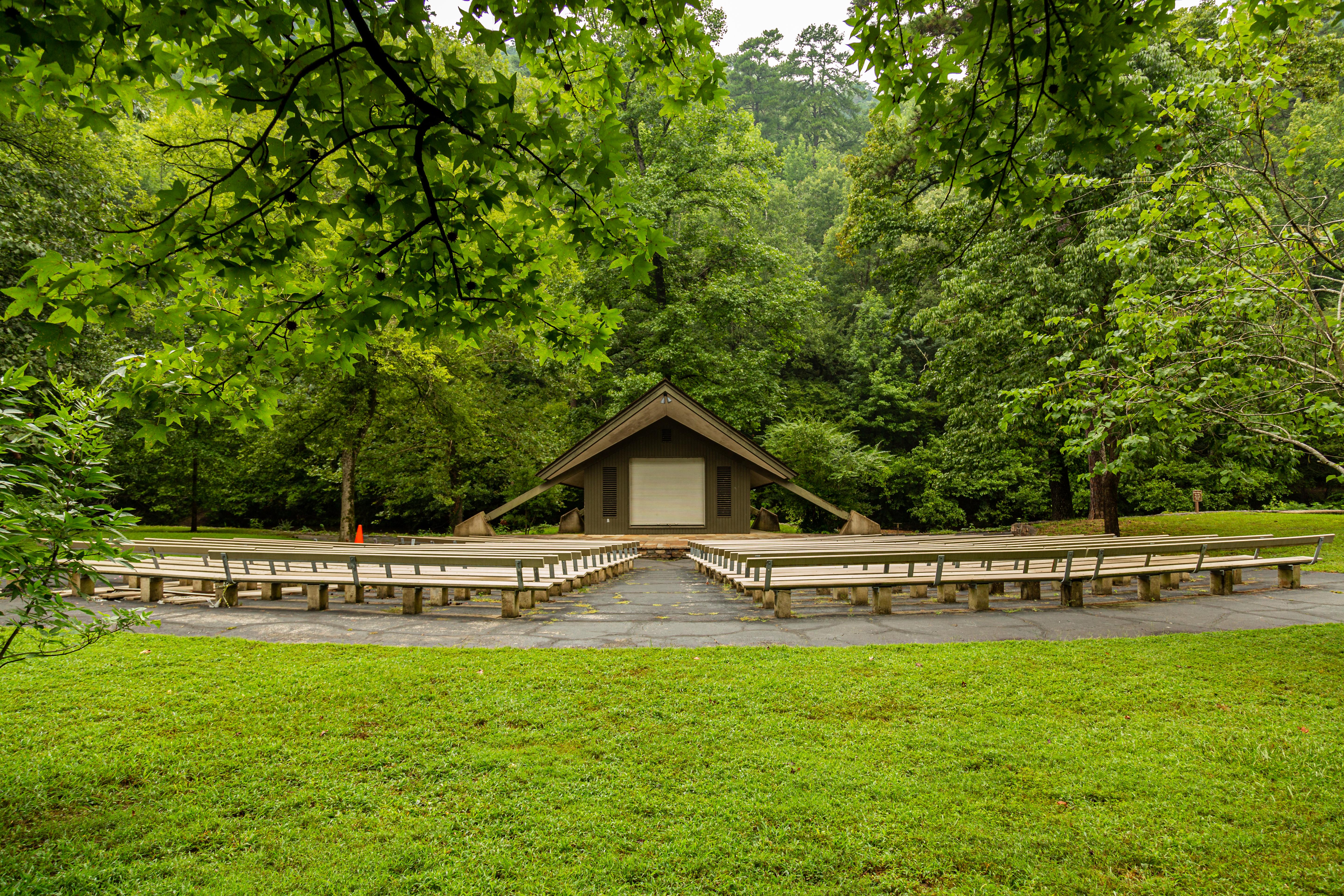 An amphitheater with rows of seating on a lawn within the trees