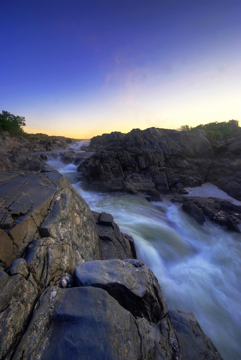 Evening at Great Falls Great Falls with a purple sky near dusk