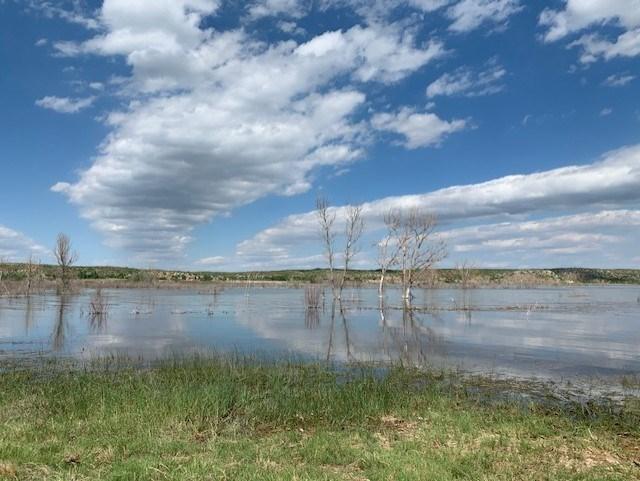 Chimney Hollow area with a view of the shoreline.  The lake is bright blue and the clouds are white.