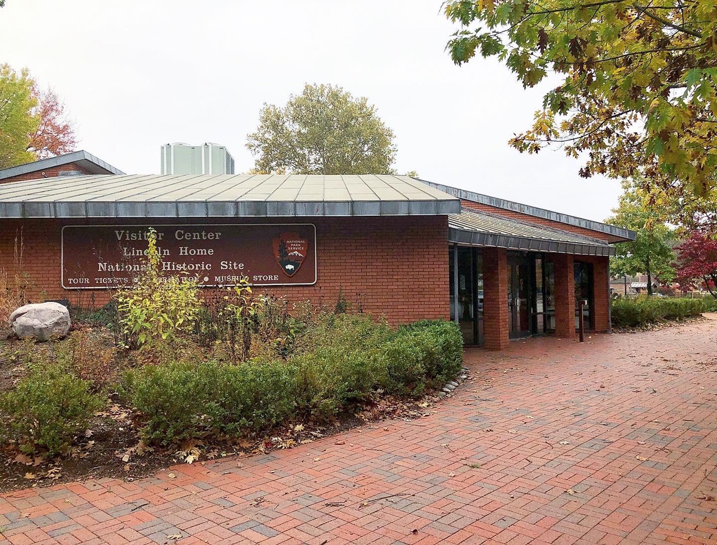 The north side entrance to the visitor center during the fall