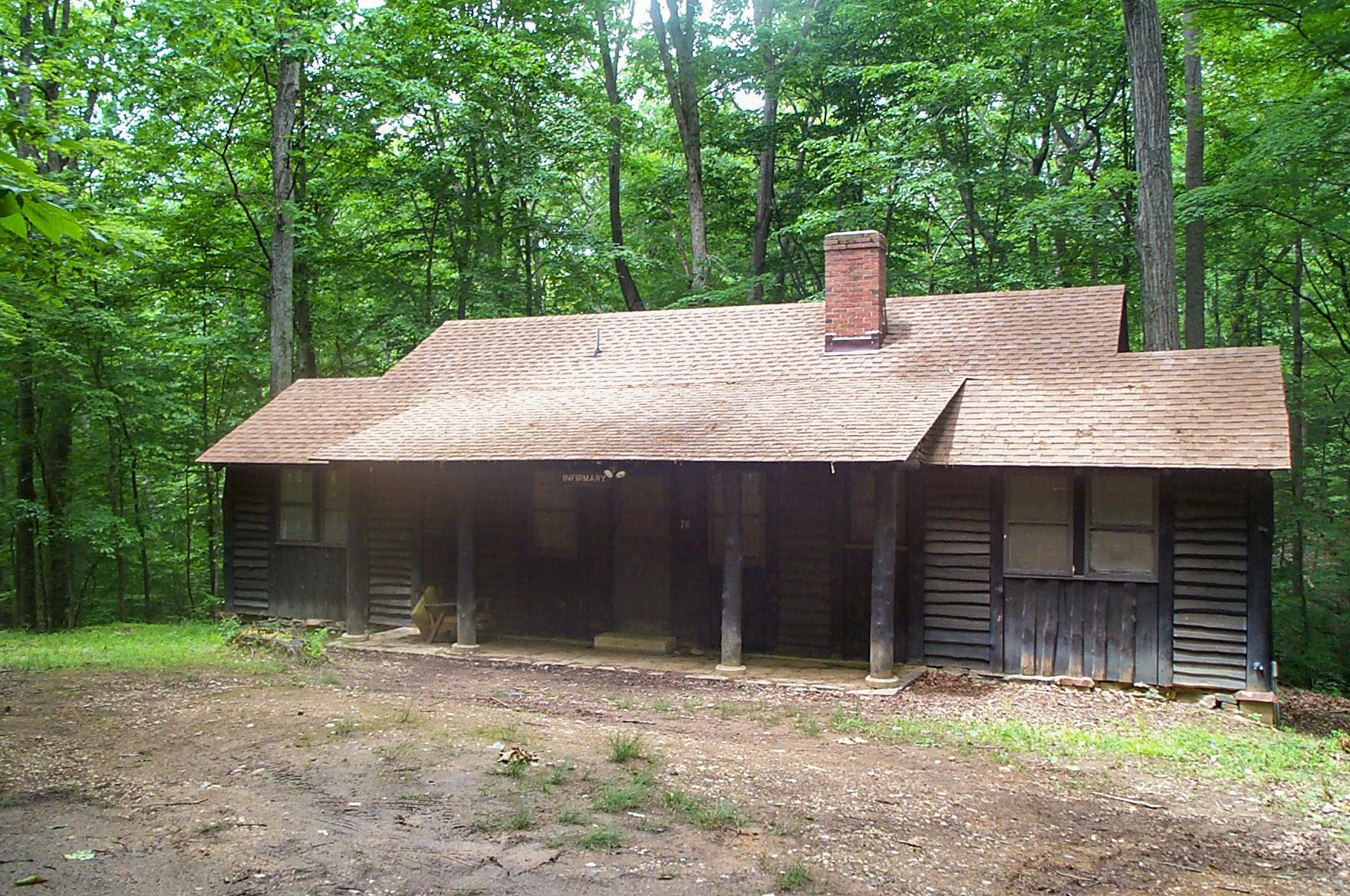 A dark brown, rustic cabin sits among the woods